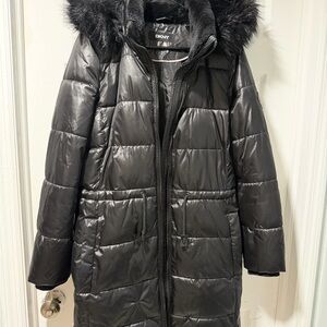 DKNY Charcoal Puffer Jacket with Faux Fur Trim